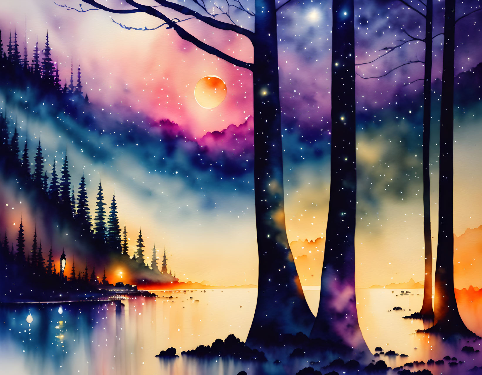 Digital artwork of magical twilight scene with starry sky, full moon, silhouetted trees,