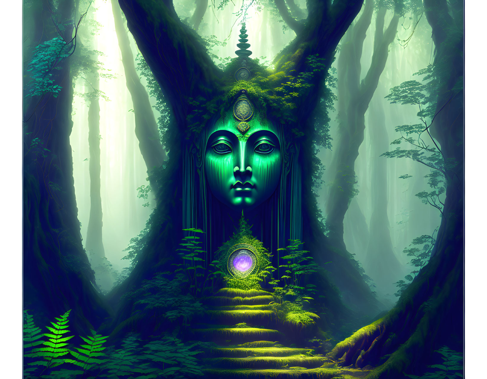 Enchanting forest scene with ancient stairway and serene face