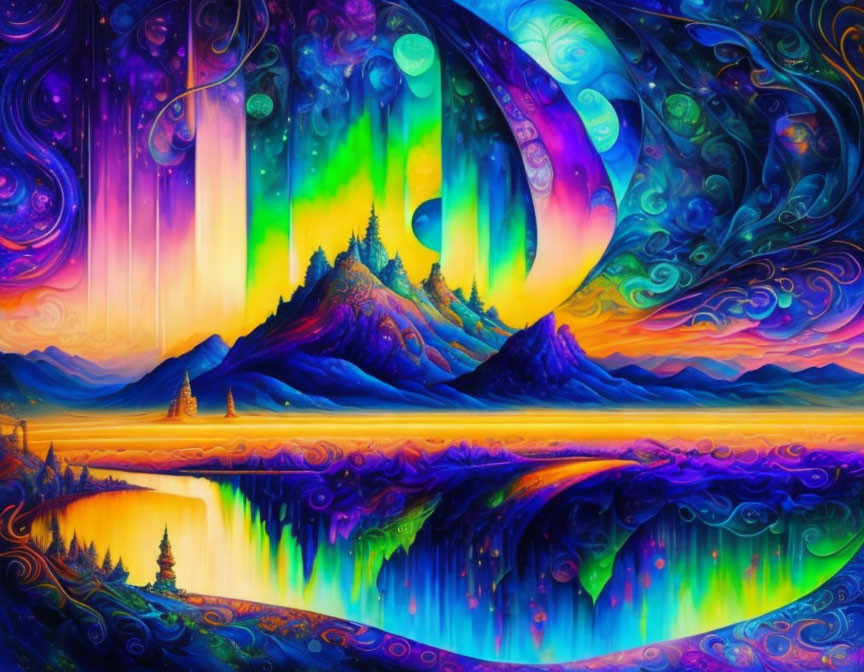 Colorful Psychedelic Mountain Landscape with Reflective Lake