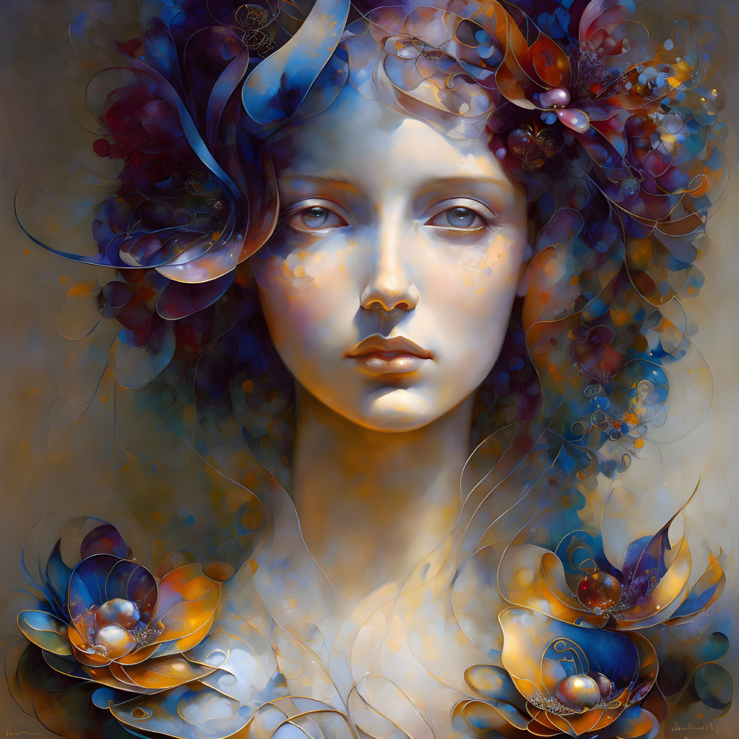 Woman's face digital painting with surreal floral elements and warm color palette