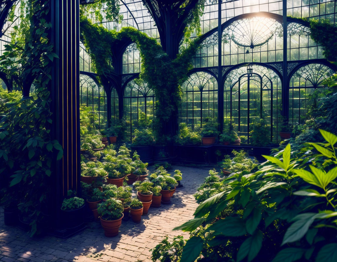 Greenhouse with arched windows filled with lush plants