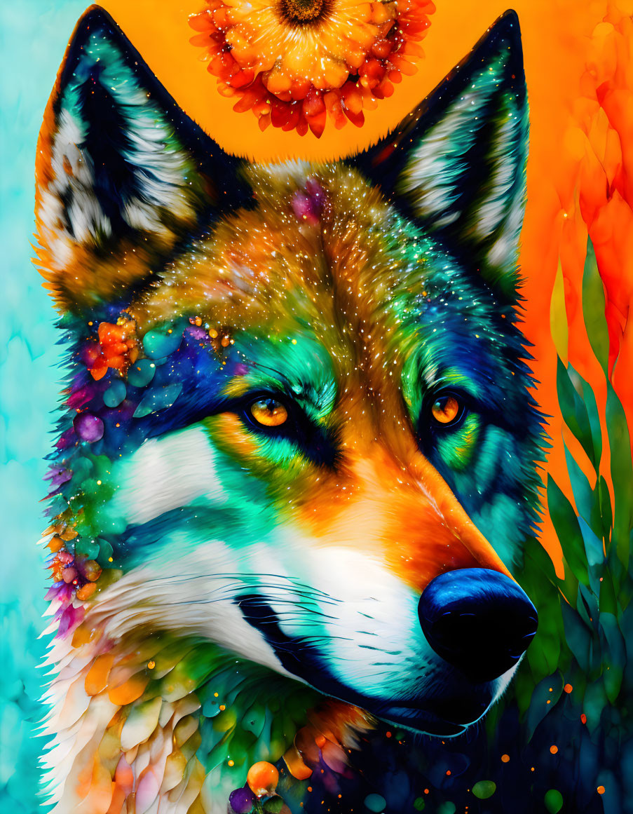 Colorful digital artwork: Wolf with intense eyes & abstract floral designs