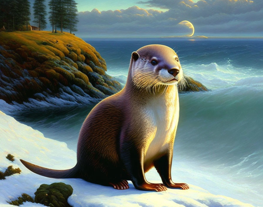 Realistic otter painting on snowy coastline with ocean, trees, and crescent moon