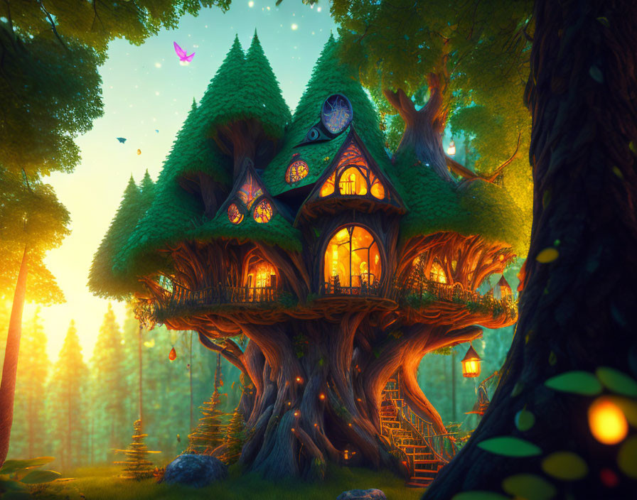 Whimsical illuminated forest treehouse at sunset