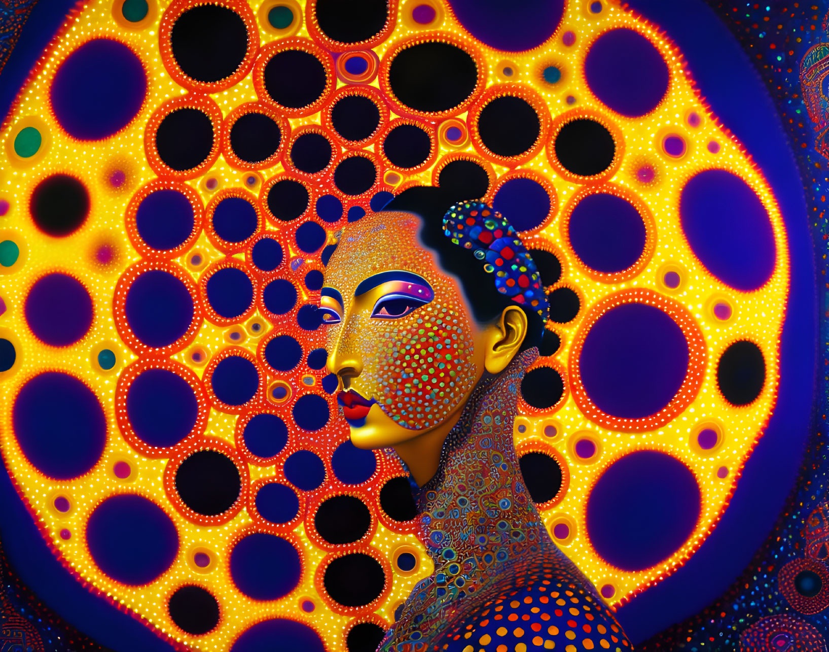 Colorful Psychedelic Artwork: Woman's Profile with Dotted Patterns