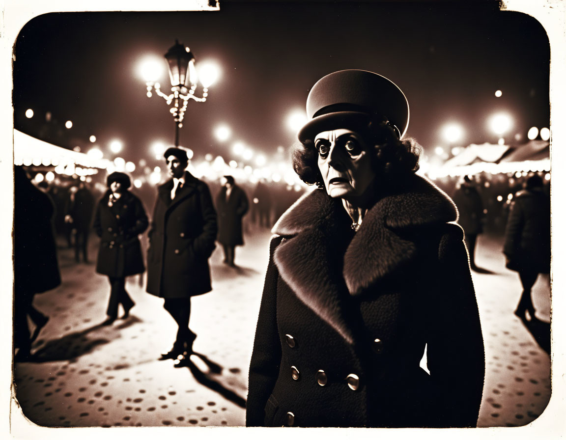 Sepia-Toned Vintage Photo: Person in Coat and Hat with Intense Expression