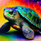 Colorful Sea Turtle Artwork with Mandala Patterns on Rainbow Background