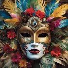 Golden Mask with Tropical Flowers and Feathers: Exotic Beauty and Mystery