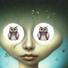 Surreal glowing-eyed person with owl reflections on soft background