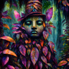 Fantastical portrait of person with green skin, ornate hat, autumn leaves cloak, floral backdrop