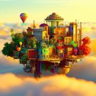 Colorful Floating City Reflecting in Water with Hot Air Balloon