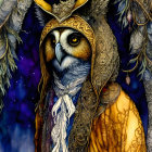 Colorful Owl Illustration with Intricate Patterns and Helmet-Like Headpiece in Tree Cavity