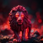 Fiery-red lion with glowing eyes in swirling crimson hues