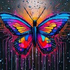 Colorful Butterfly Art Against Pixelated Cityscape Background