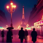 Parisian Evening Scene: Silhouetted Figures, Eiffel Tower, Streetlights