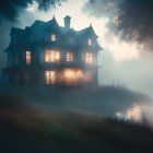 Misty twilight scene: large illuminated house by lake, fog, trees