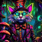 Colorful anthropomorphic cat with hat and intricate patterns in psychedelic setting