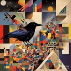 Colorful Abstract Geometric Art with Crow and Cosmic Patterns