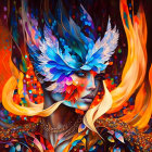 Colorful Psychedelic Art: Woman's Face with Leaf-like Wings and Swirling Flames