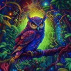 Colorful digital artwork: Stylized owl in lush jungle with intricate patterns