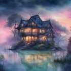 Tranquil lakeside cottage at twilight with starlit sky