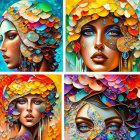 Vibrant, colorful portraits of a woman with intricate patterns and surreal elements in a modern artistic style