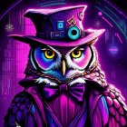 Colorful Owl Artwork with Whimsical Hat in Psychedelic Forest