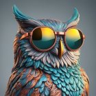 Stylized 3D illustration of owl in aviator sunglasses and samurai helmet with arrow,