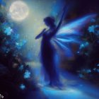 Luminescent fairy with blue wings in mystical forest at night