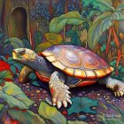 Colorful Turtle with Detailed Shell in Lush Tropical Foliage