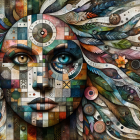 Abstract mosaic portrait of a woman with organic textures and flowers