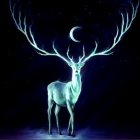 Majestic white stag in mystical nighttime forest with blue light and floating orbs