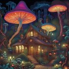 Enchanting night forest with oversized glowing mushrooms and whimsical treehouse