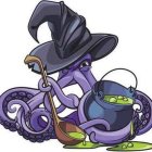 Vibrant Purple and Blue Wizard Octopus Stirring Cauldron with Green Leaves