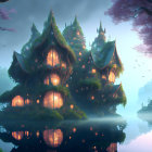 Twilight scene: Multi-tiered house on foggy island with reflection.