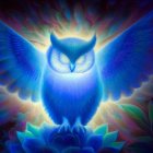 Colorful Owl Painting with Celestial Elements and Cosmic Blues/Purples