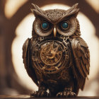 Mechanical owl and tiny human in surreal painting on warm brown backdrop