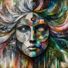 Vibrant digital artwork: Woman's face with swirling, iridescent leaf-like headdress