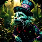 Colorful painting of person with exaggerated facial features in top hat in stylized forest