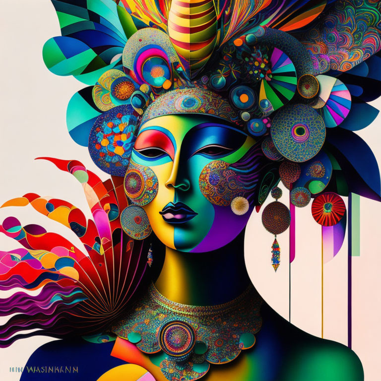 Colorful digital artwork: Stylized female figure with intricate headdress