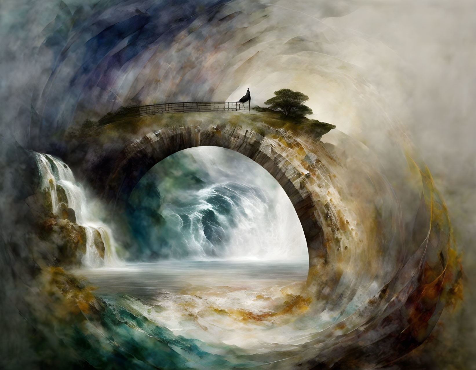 Person on Curved Bridge Over Waterfall and Wave in Surreal Circular Scene