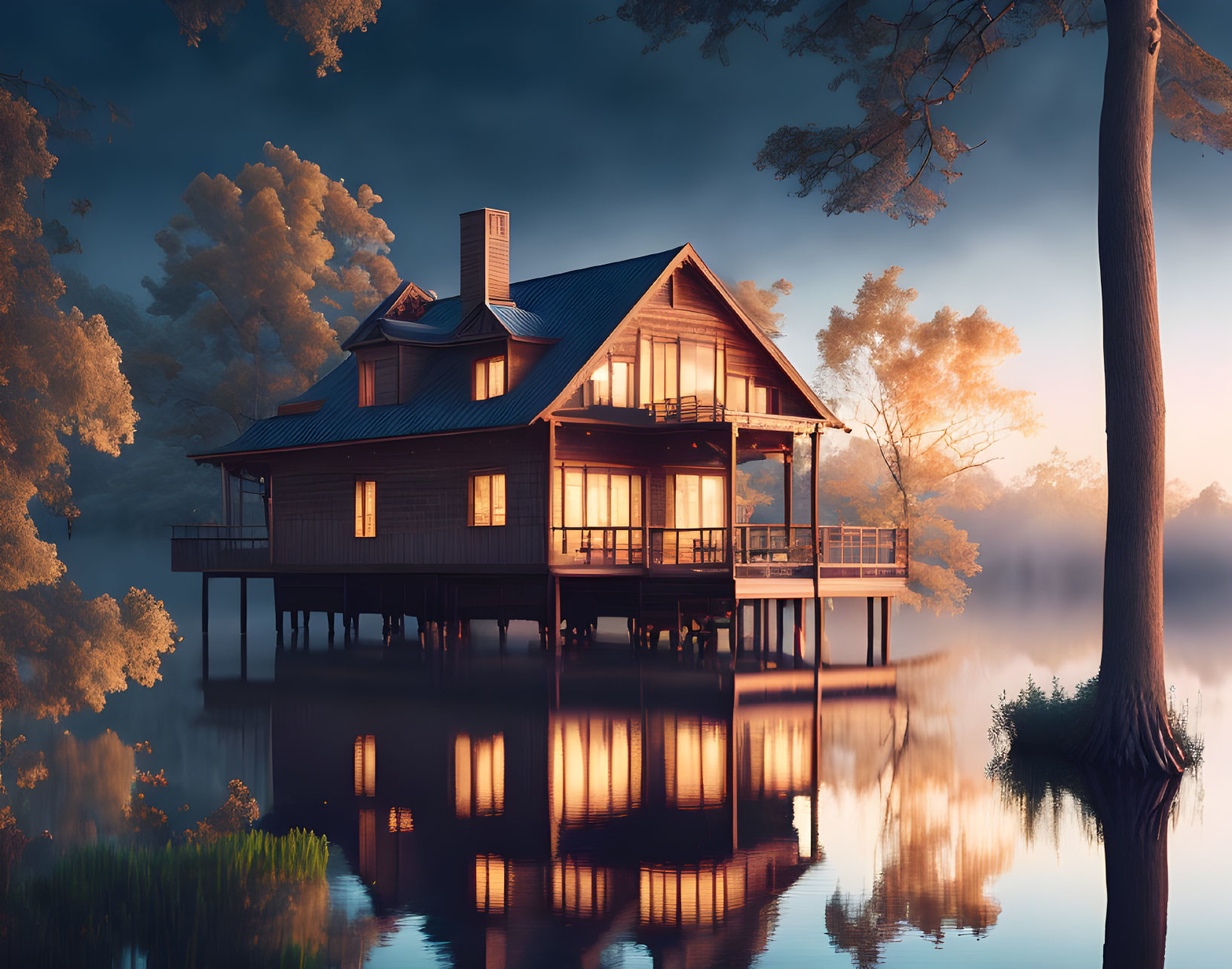 Tranquil twilight scene: wooden stilt house by calm lake with warm glowing lights, mist,