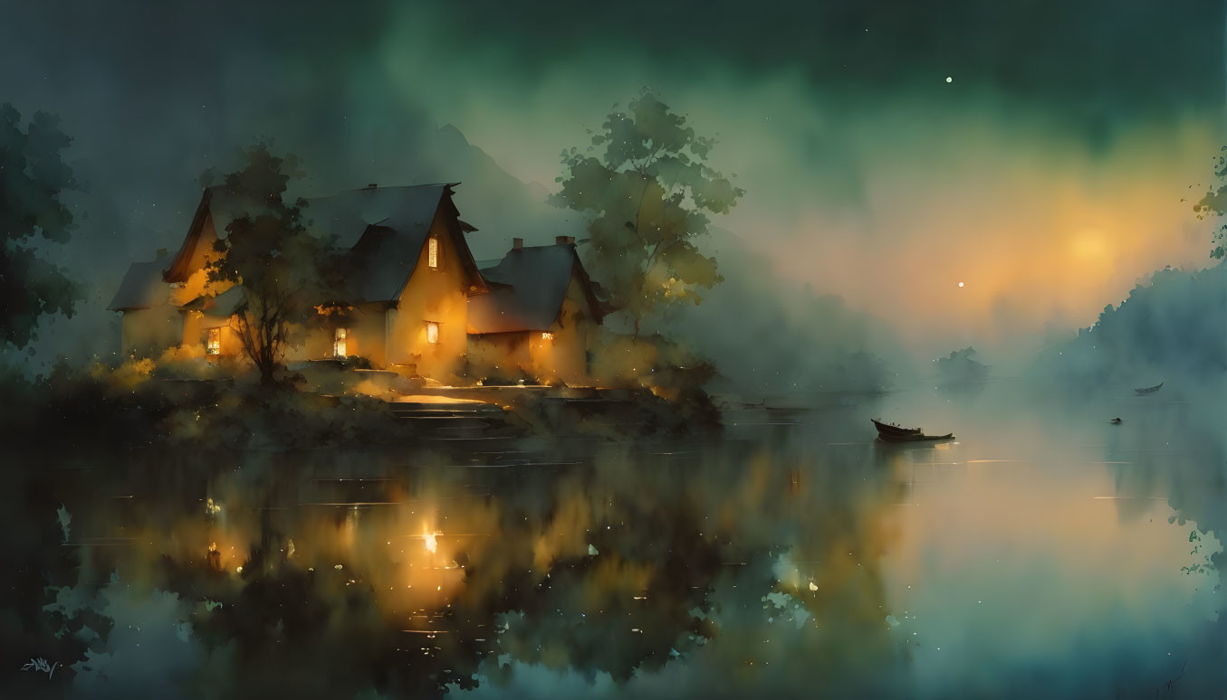 Tranquil lake scene with illuminated houses, mist, and forest reflections