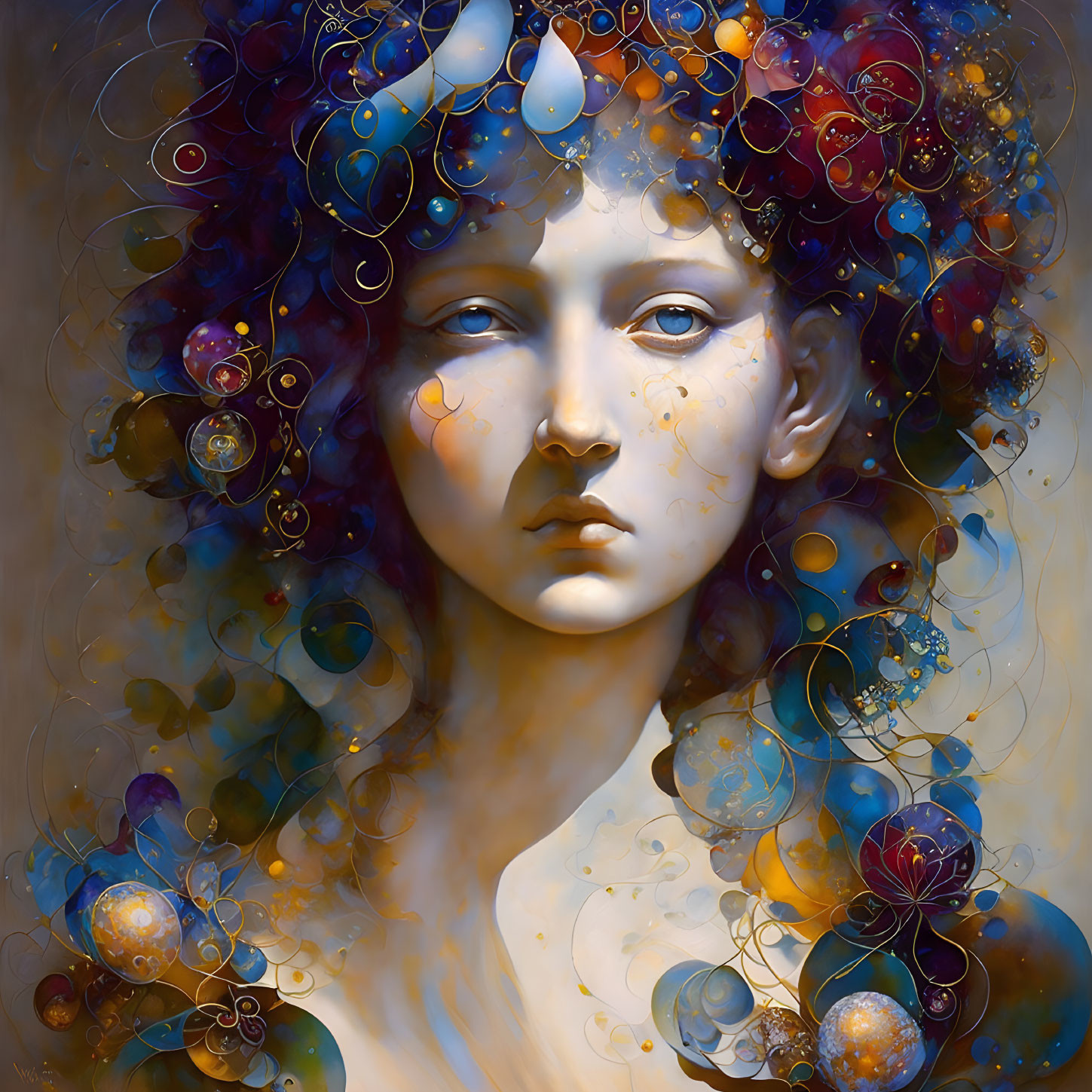 Vibrant surreal portrait with intricate swirls and orbs