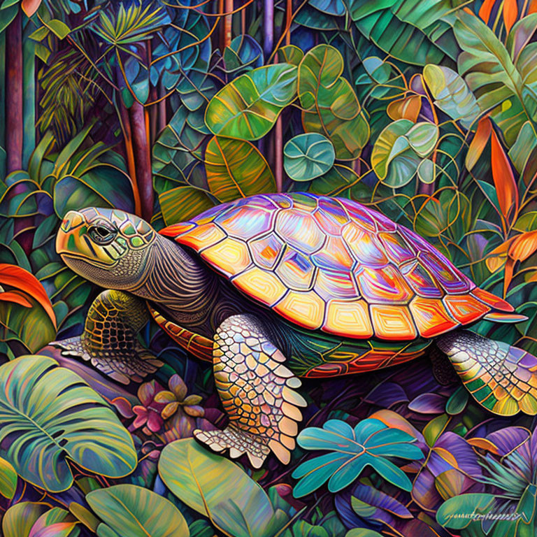 Colorful Turtle with Detailed Shell in Lush Tropical Foliage