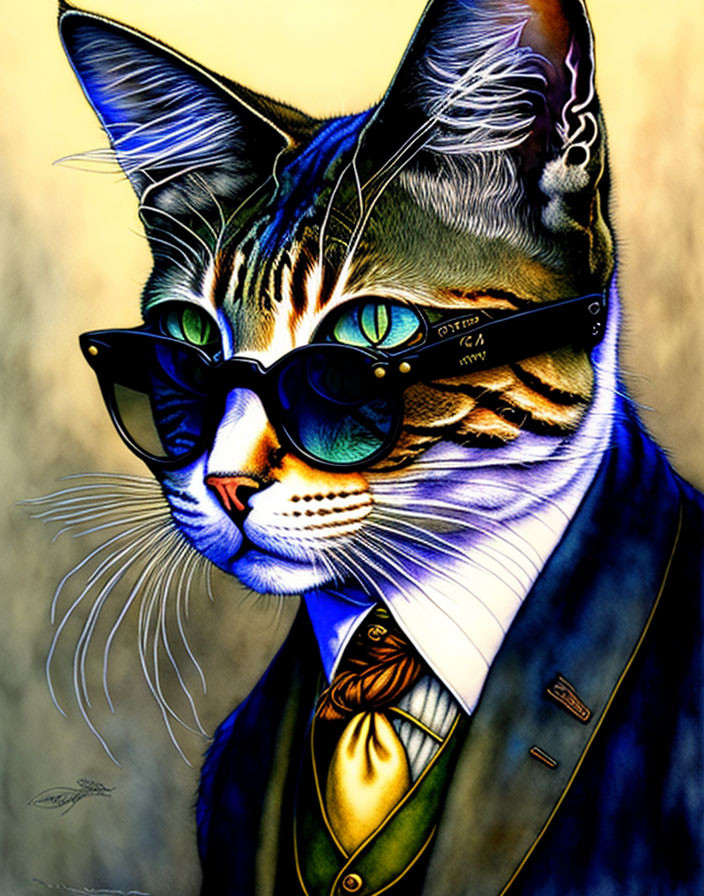 Colorful Cat Illustration in Stylish Attire & Glasses