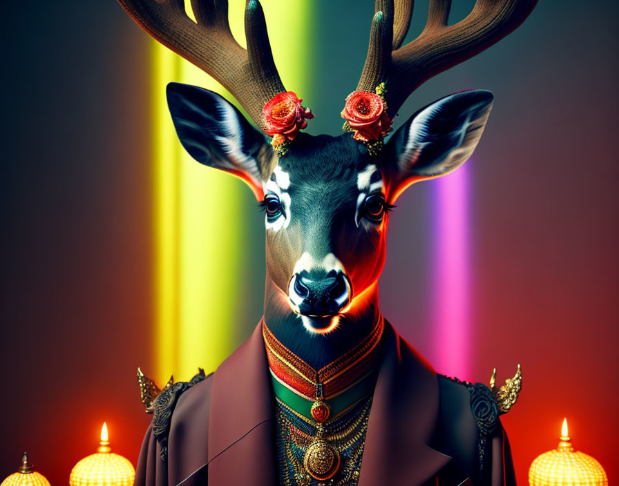 Surreal deer illustration in human attire with neon lights