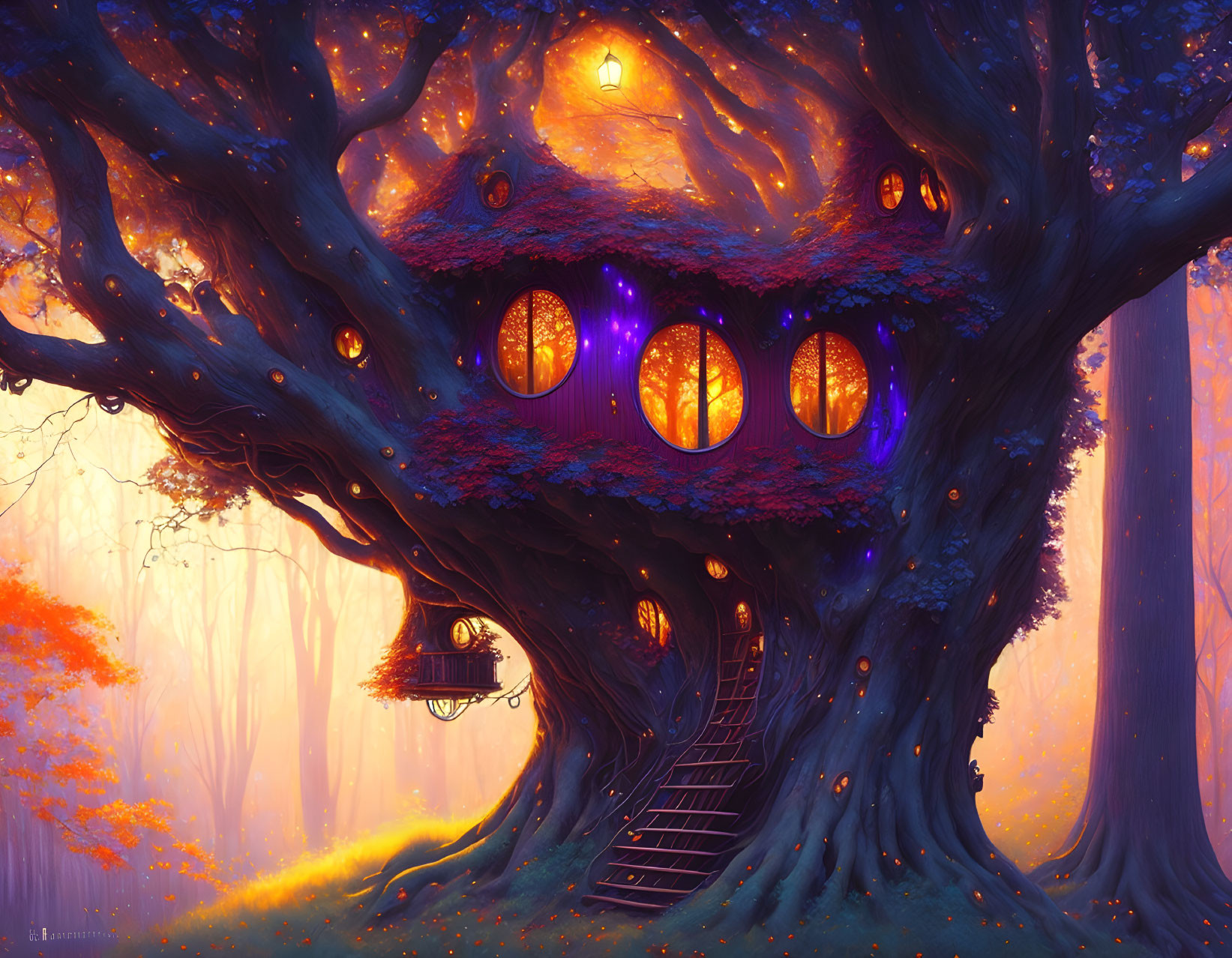 Enchanted treehouse with glowing windows in autumn forest