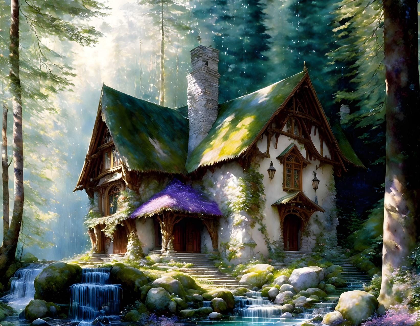 Forest Cottage with Moss-Covered Roof by Waterfall and Stream