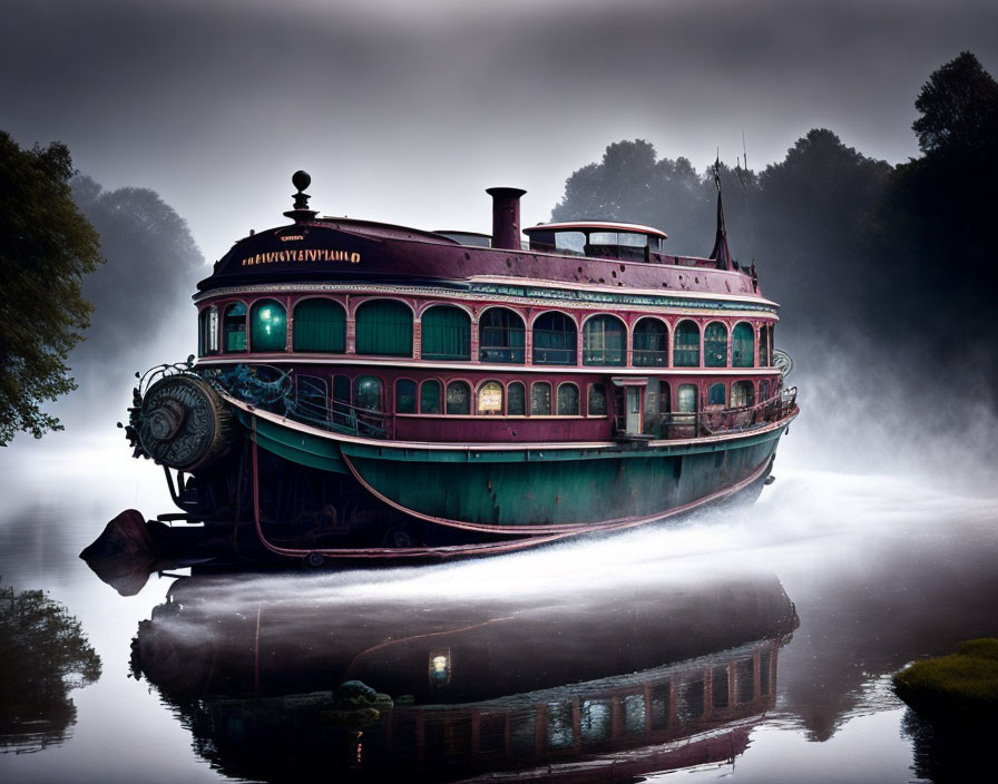 Vintage paddle steamer boat on misty lake with foggy forest view